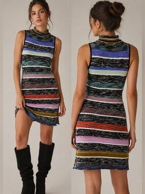 Anthropologie Sleeveless Mock Neck Knit Sweater Tunic Dress Space Dye Boho Mini